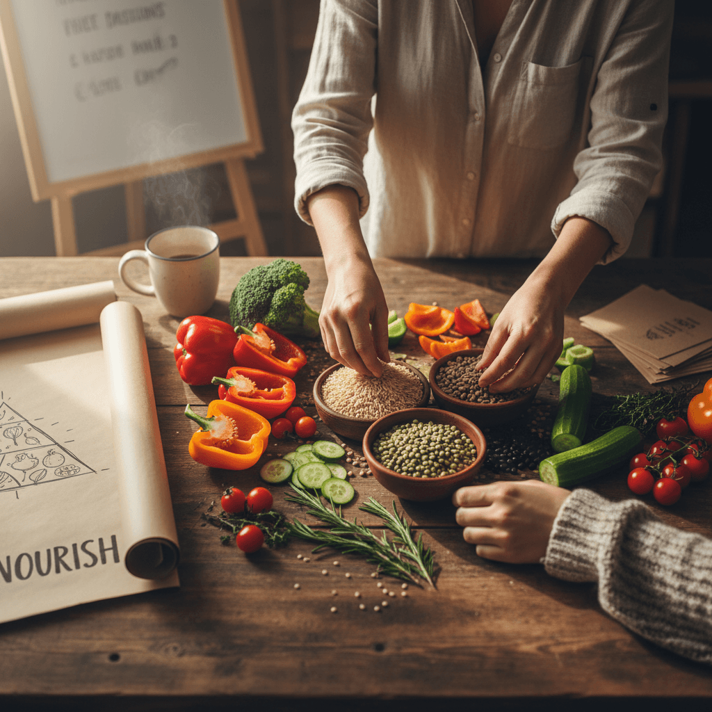 Nutrition consultant arranging whole foods during consultation
