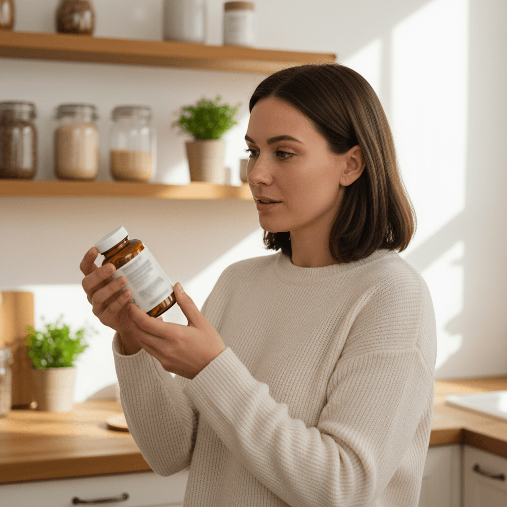 Customer reviewing supplement information at home