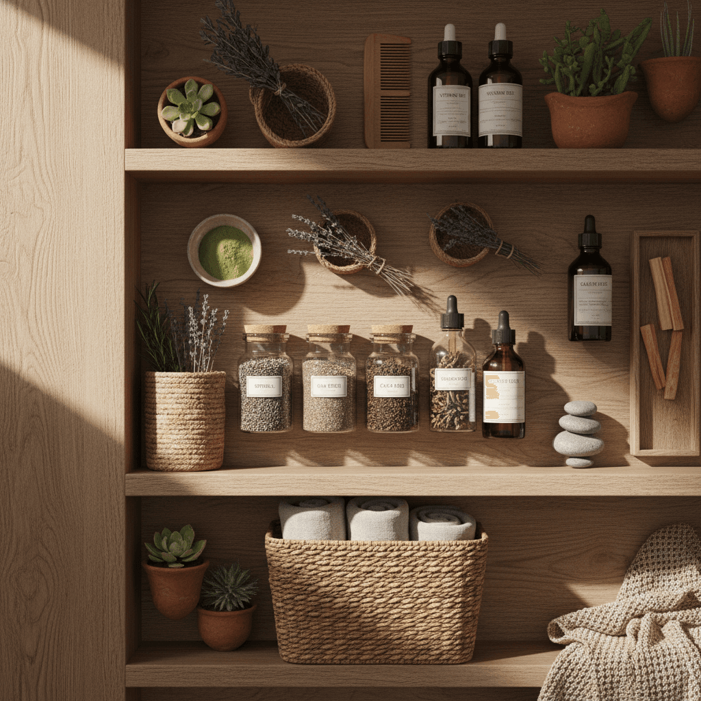 Organized home wellness collection with supplements and superfoods