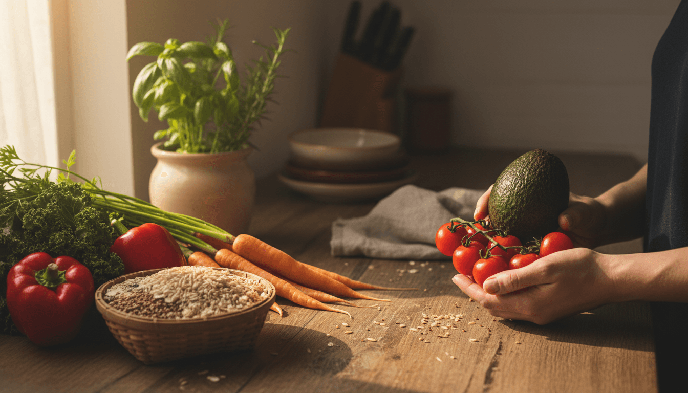 Fresh organic vegetables and whole foods on a wooden counter