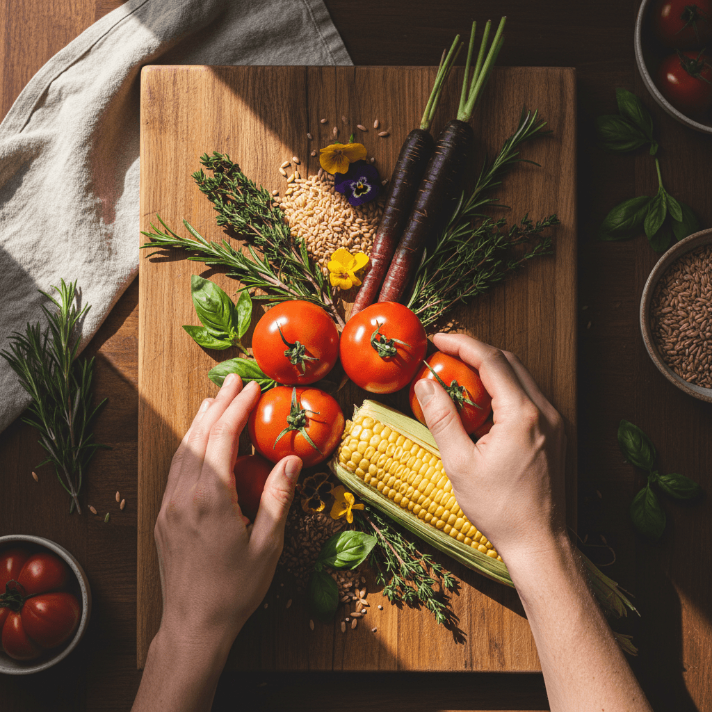Fresh whole foods arranged on a wooden cutting board