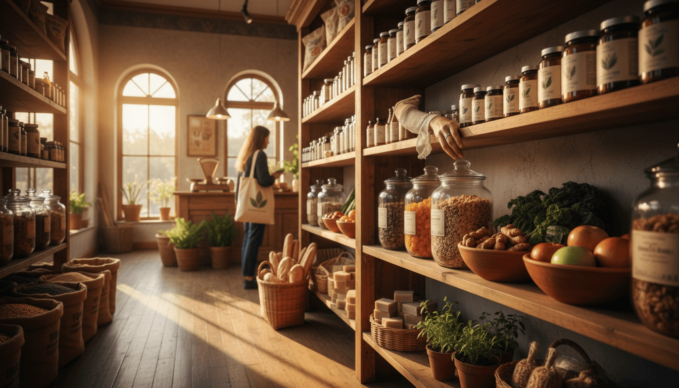 Customer browsing nutritional supplements and whole foods at a health store in Nephi