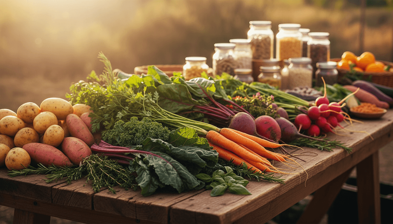 Rustic wooden table display of fresh organic vegetables, herbs, and natural health products in warm natural light