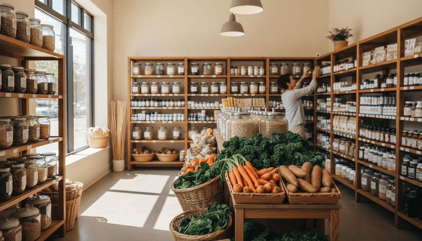Thelmas Health nutrition store interior with organized shelves of whole foods and supplements