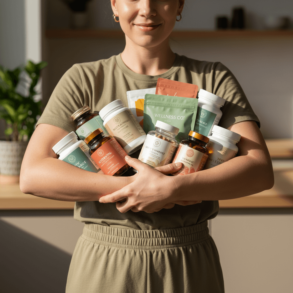 Person holding vitamin and supplement bottles